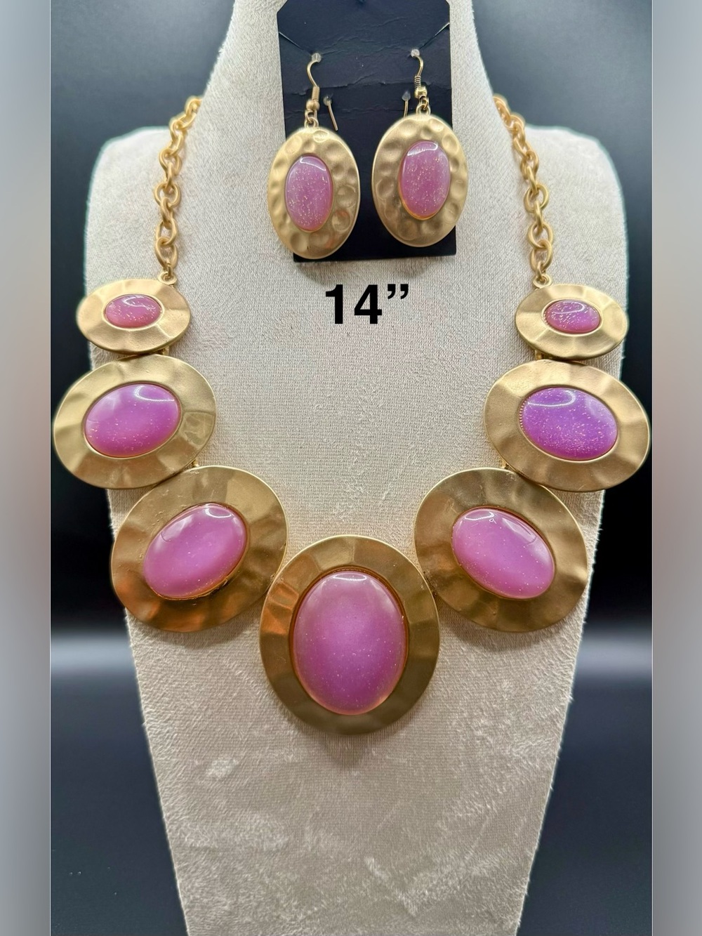 Gold-Tone Necklace & Earring Set with Pink Cabochon Accents